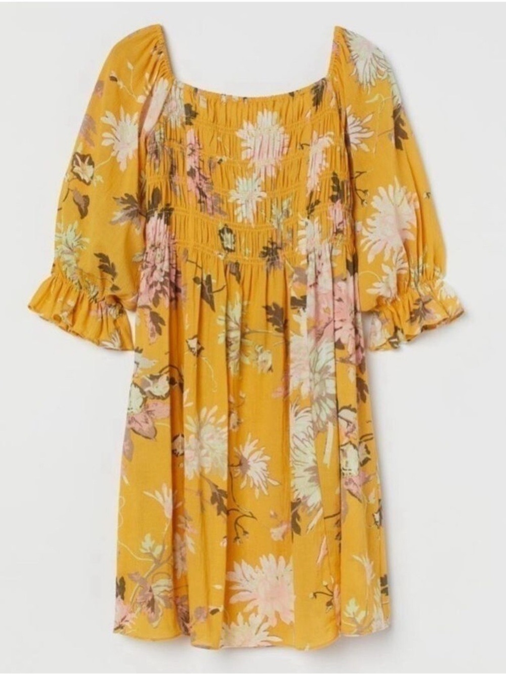 H&M Off Shoulder Floral Smocked Bodice Puff Sleeve Short Flowy Dress